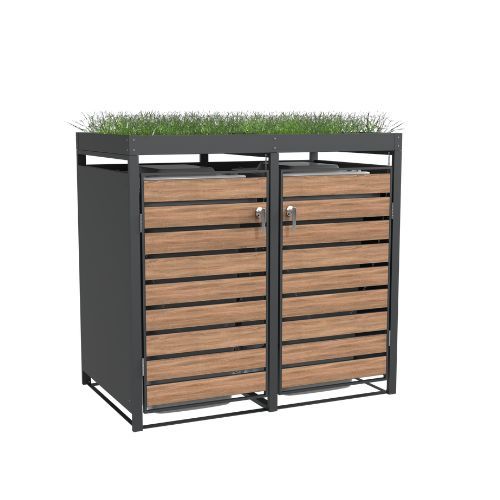 Ecoscape Double Bin Store with Planter - 1320mm x 800mm x 1240mm Charcoal & Woodgrain